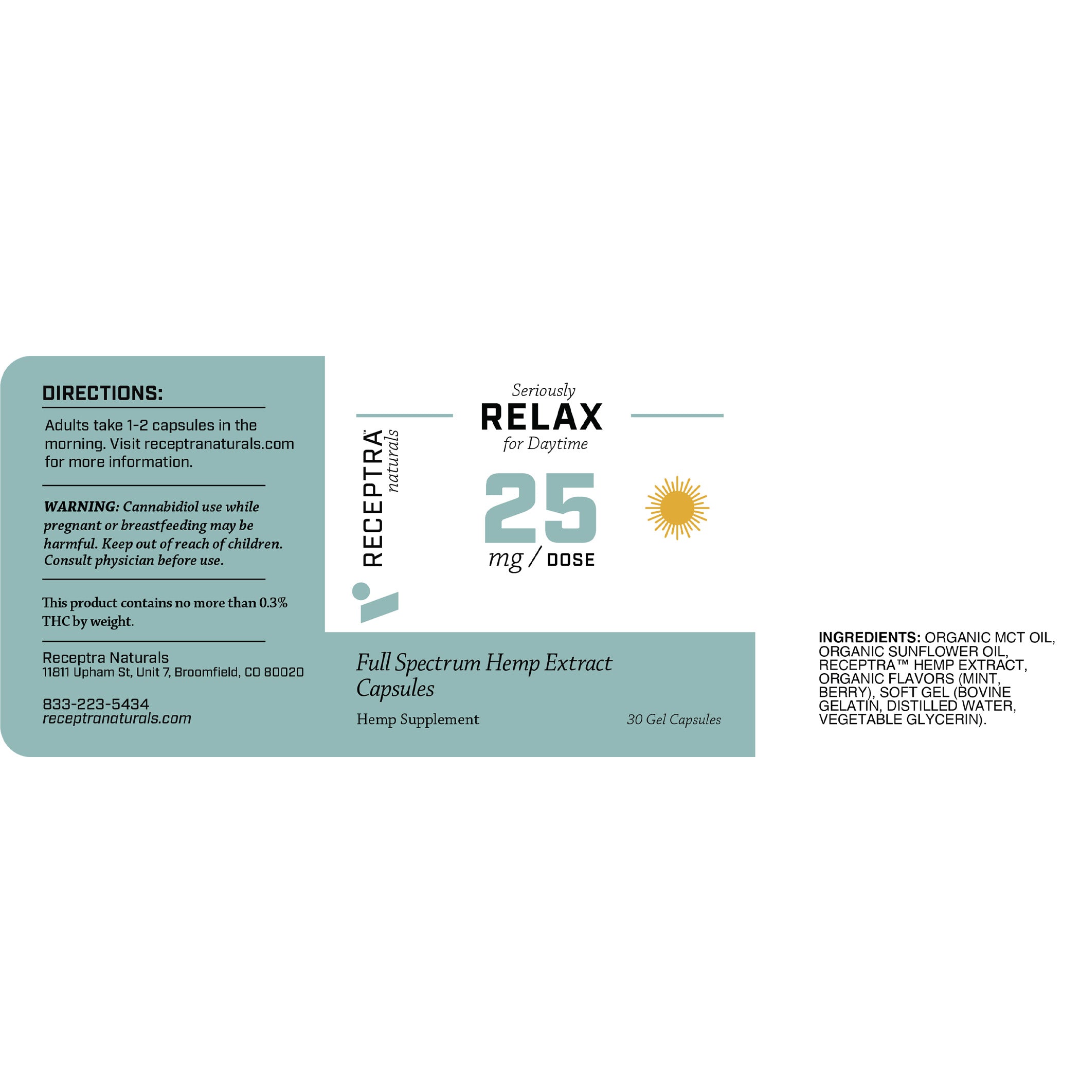 Relax CBD Capsules for Daytime 25mg / 30ct - Receptra