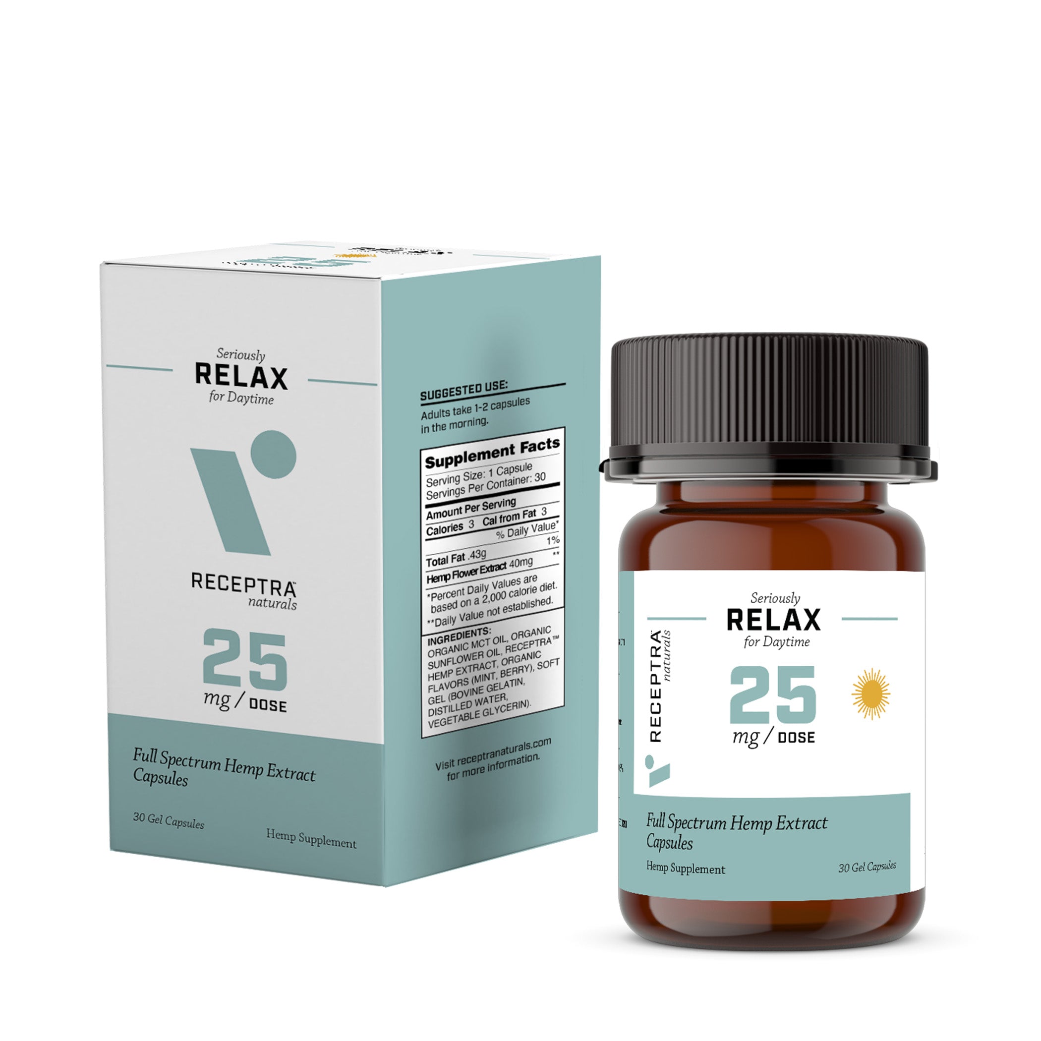 Relax CBD Capsules for Daytime 25mg / 30ct - Receptra