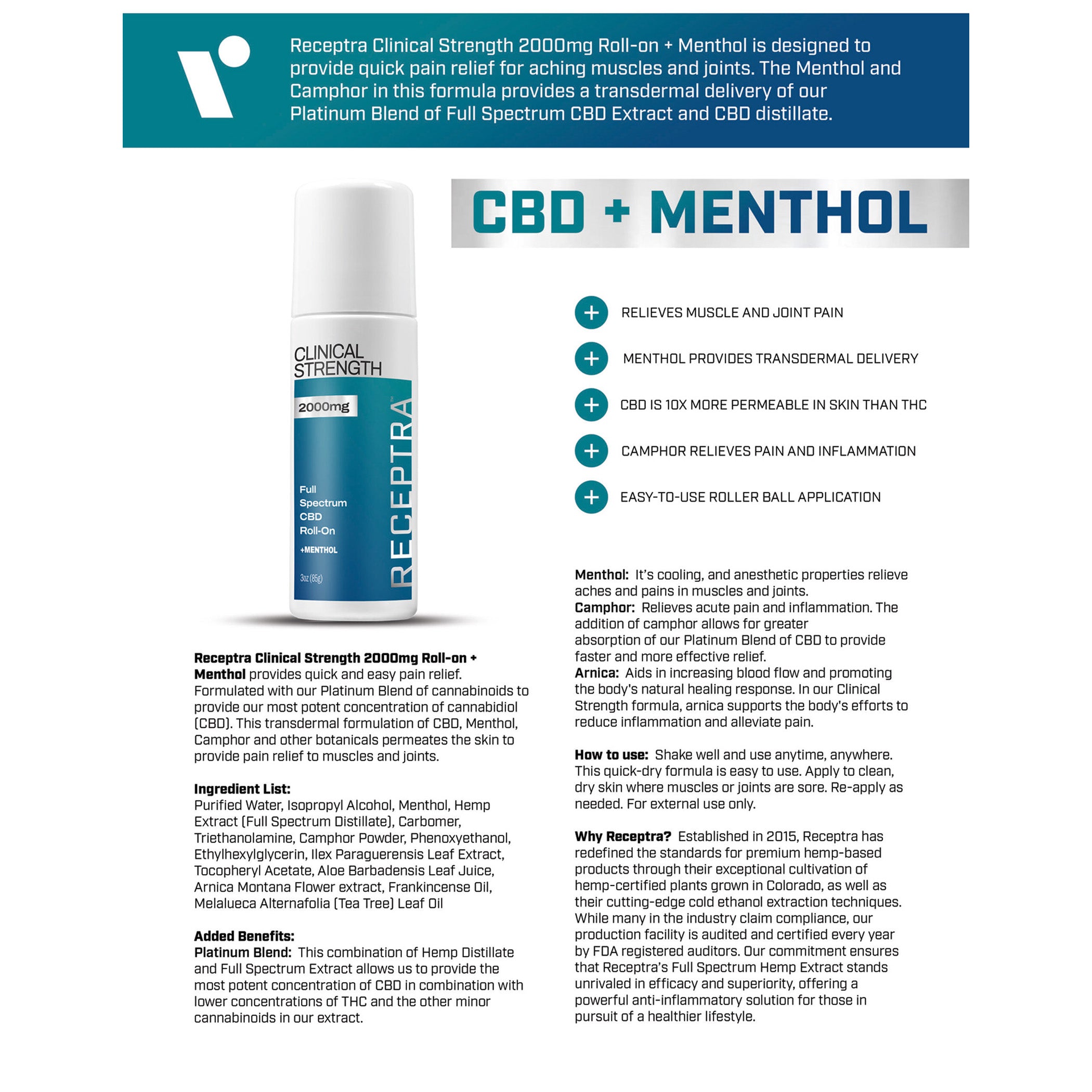 Clinical Strength Roll-On 2000mg CBD + Menthol - Receptra