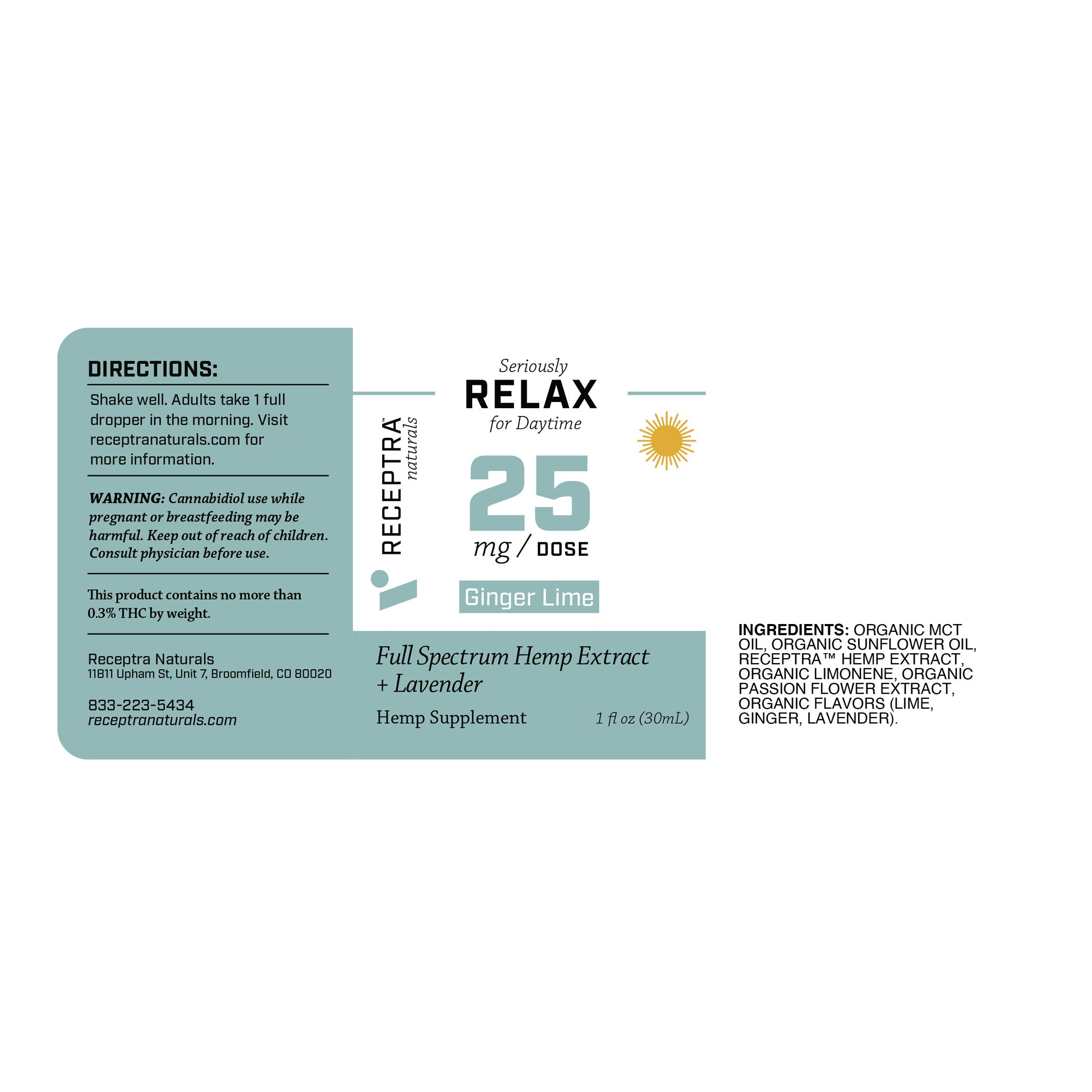 Relax CBD Oil + Lavender 25mg Ginger Lime - Receptra