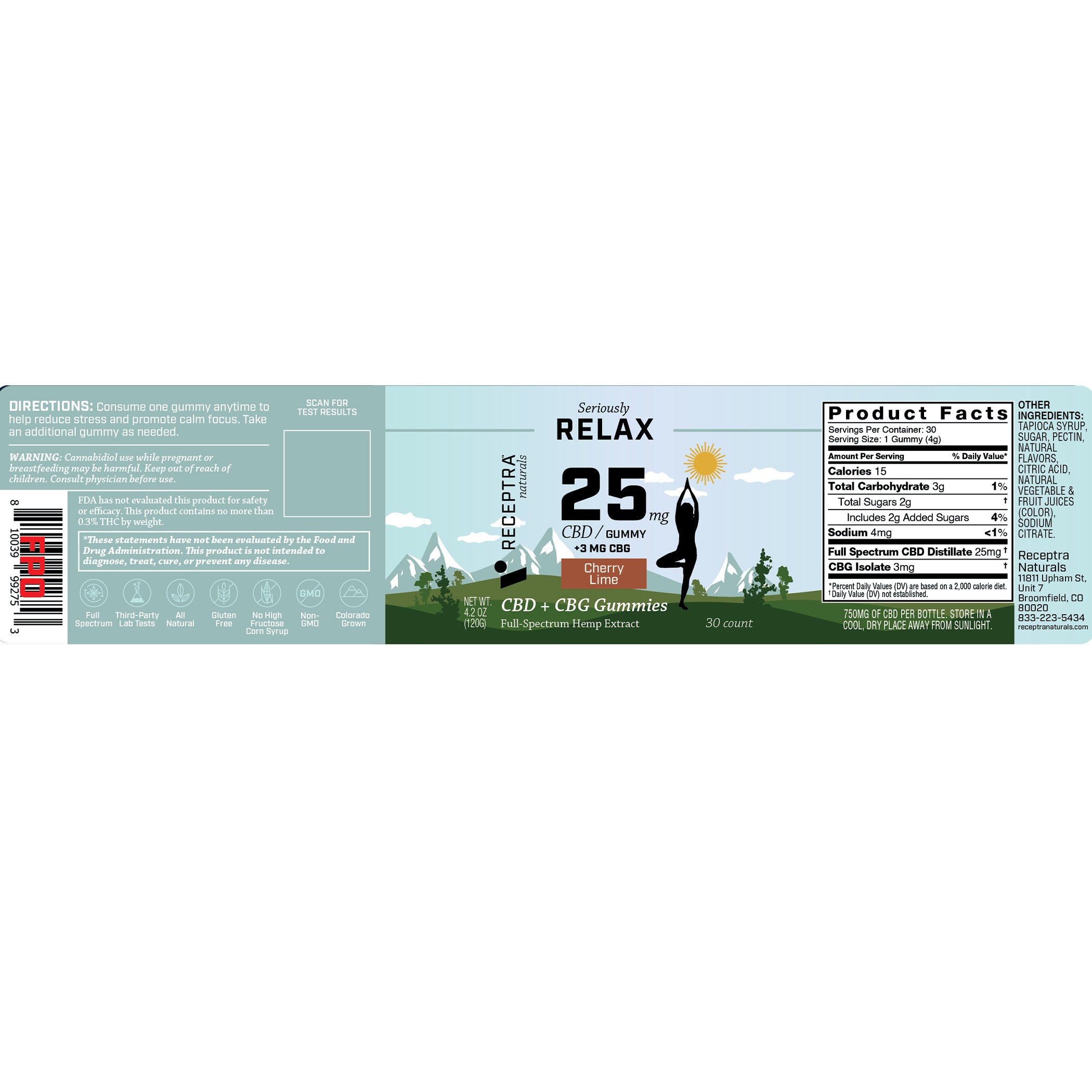 Relax 25mg CBD + CBG Gummies / 30ct - Receptra