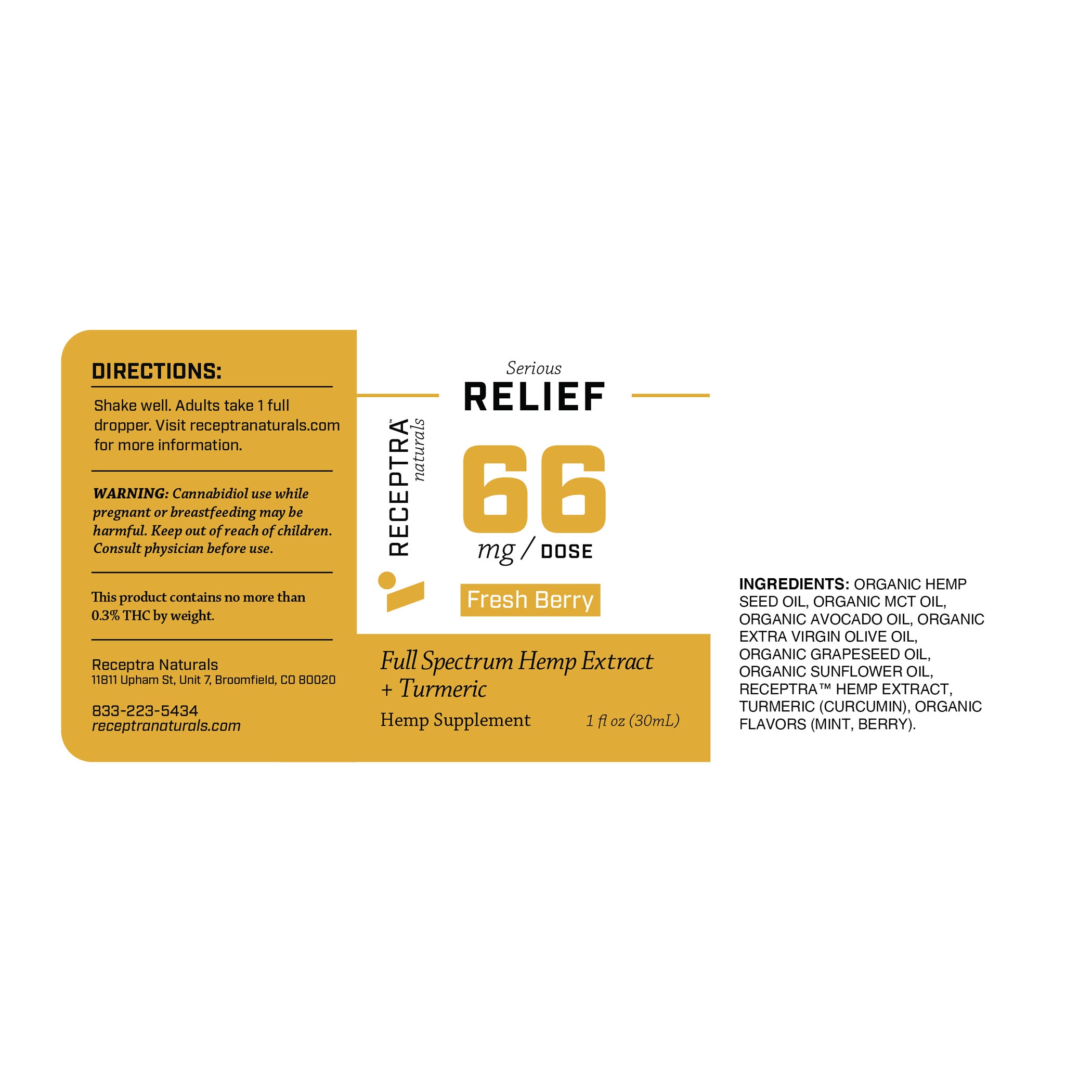 Relief + Turmeric CBD Oil 66mg Fresh Berry - Receptra